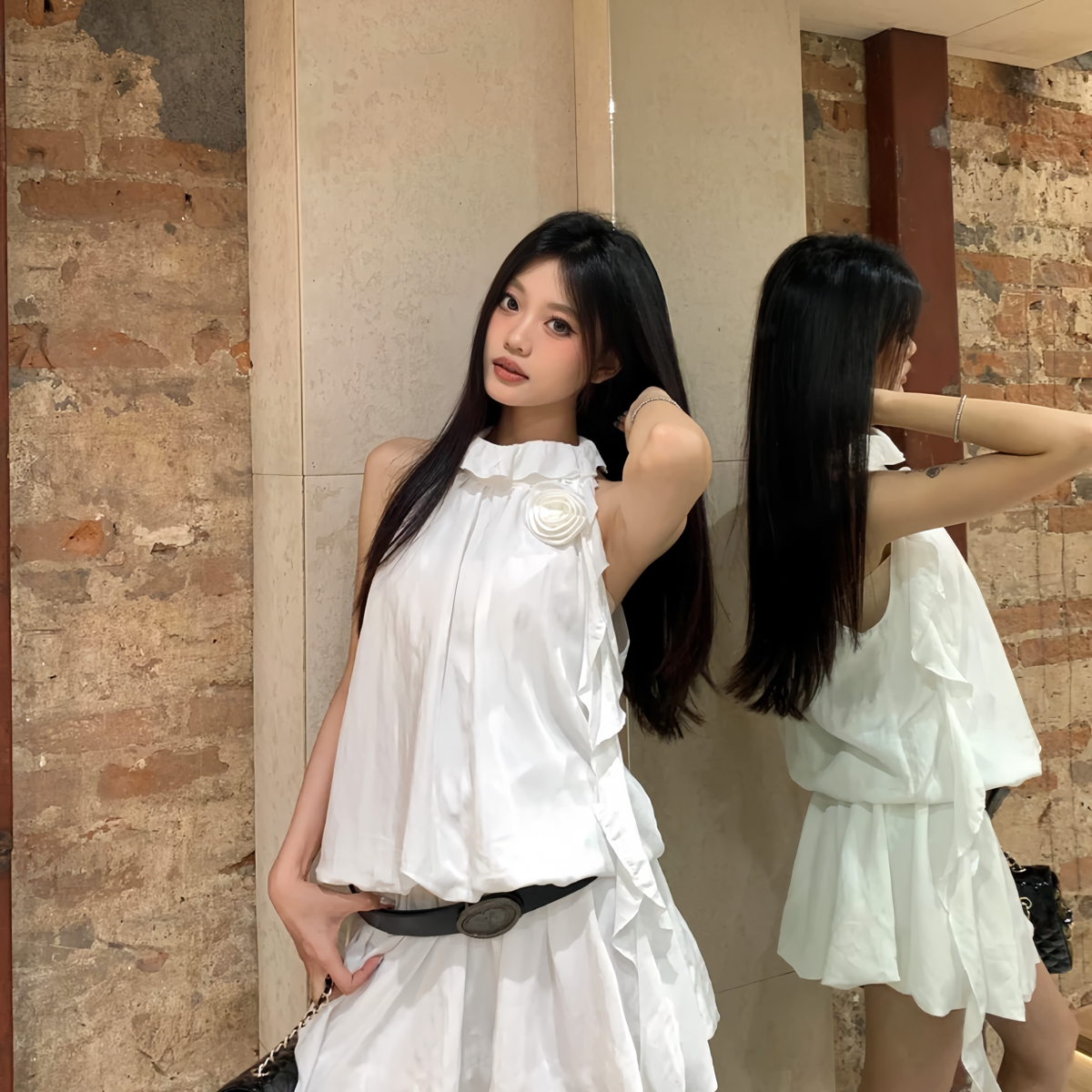 HOTTER-夏上新纯色百搭挂脖压褶连衣裙(不配腰带)YS1-8215-1