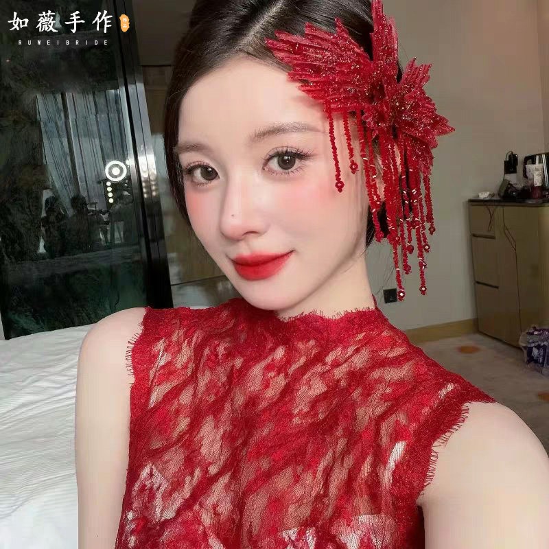 新娘红色水晶叶片花朵流苏边夹新娘仙气头饰氛围感敬酒服造型配饰