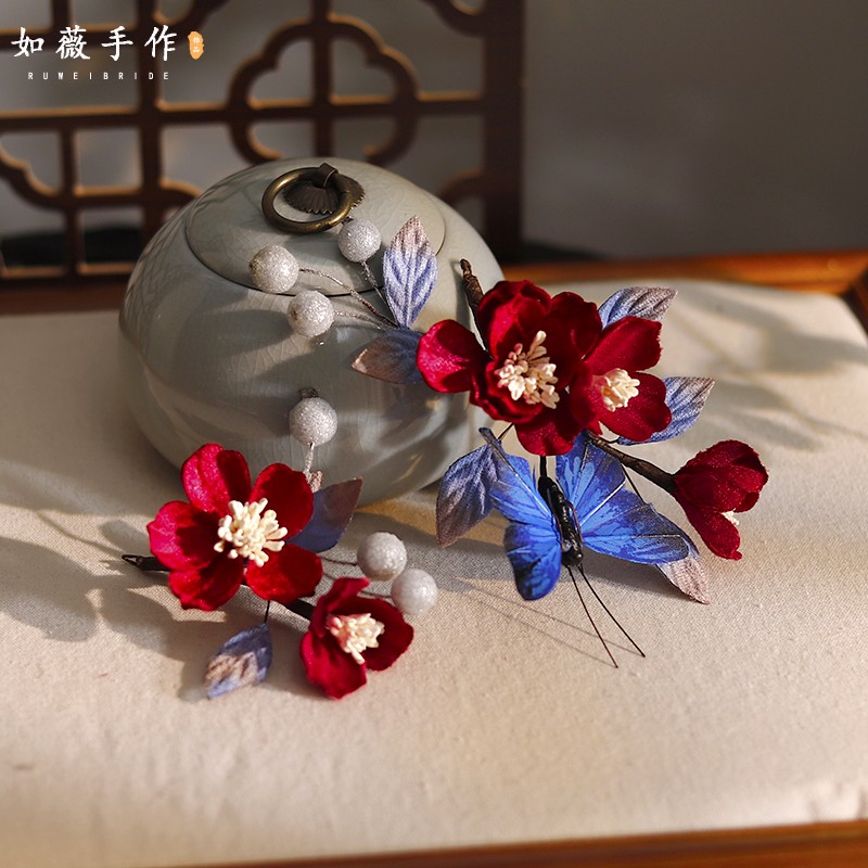 中式酒红撞蓝色掐丝绒花果实套装