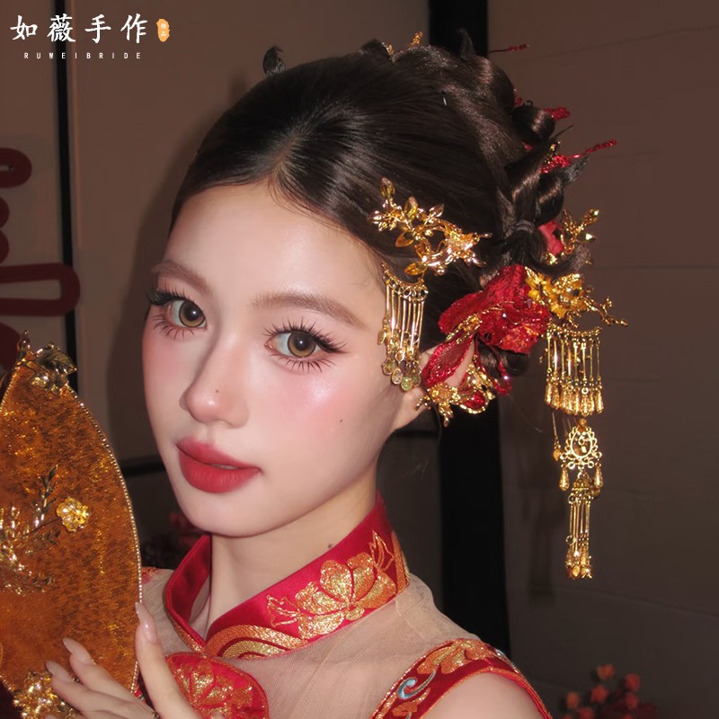 佳媄新中式新娘发饰套装红色秀禾古风流苏发簪高端手作结婚饰品