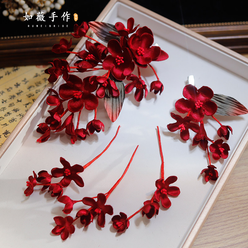 复古高级酒红色缎面立体花朵发饰