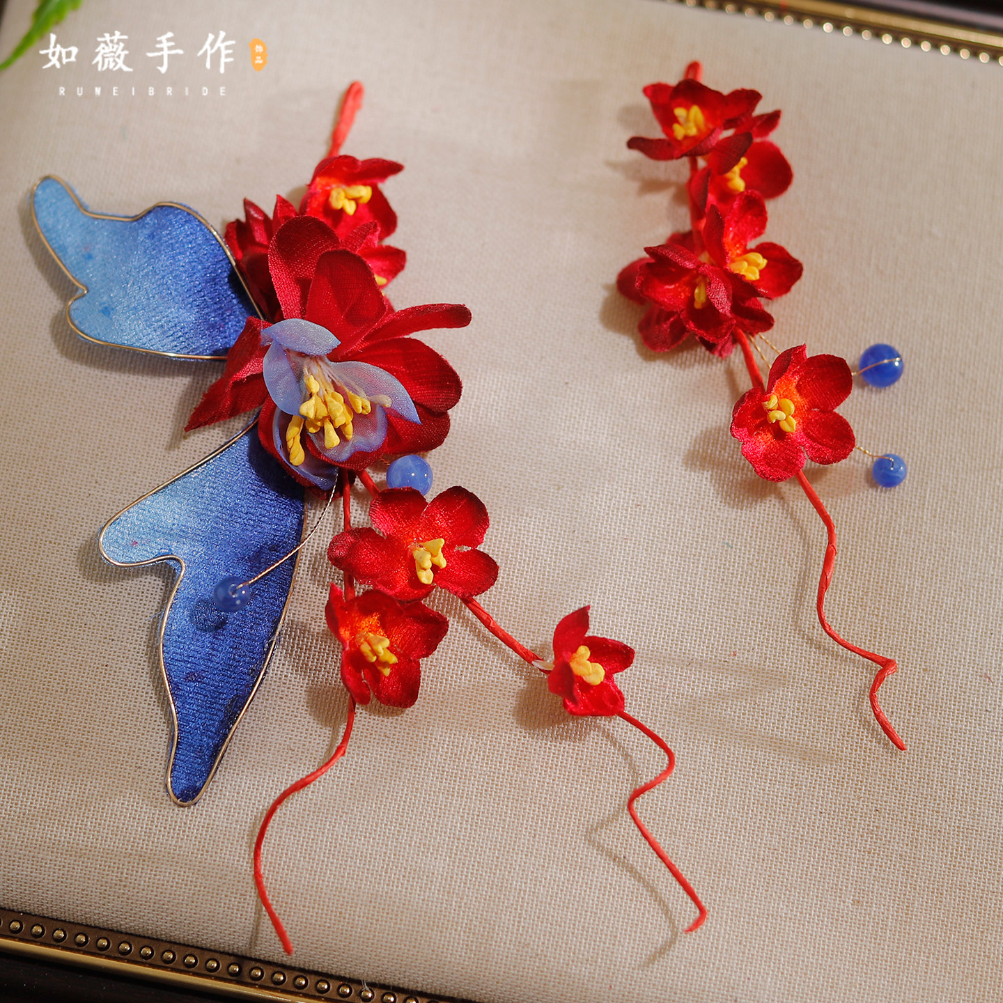 新款新娘发饰汉服头饰手工绒布烫花蝴蝶软簪花古风发饰盘发配饰