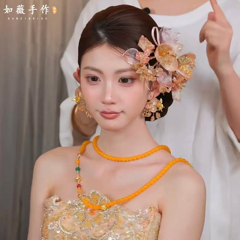 新中式新娘头饰晨袍龙凤褂金粉色系发饰简约减龄晚礼服高级感配饰