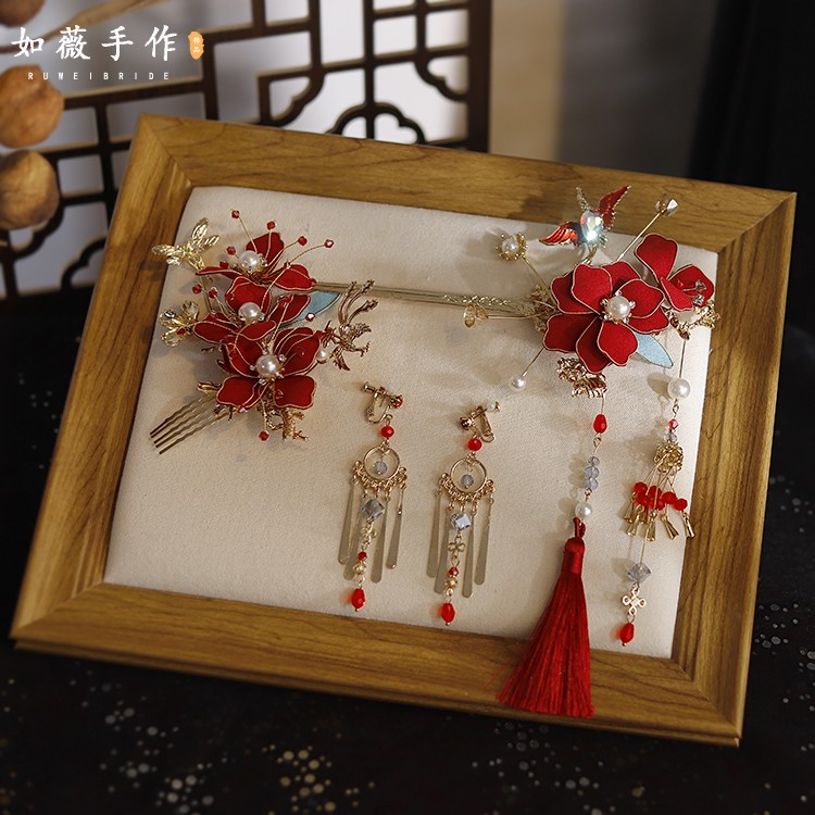 金红色古风发饰简约时尚琉璃花朵