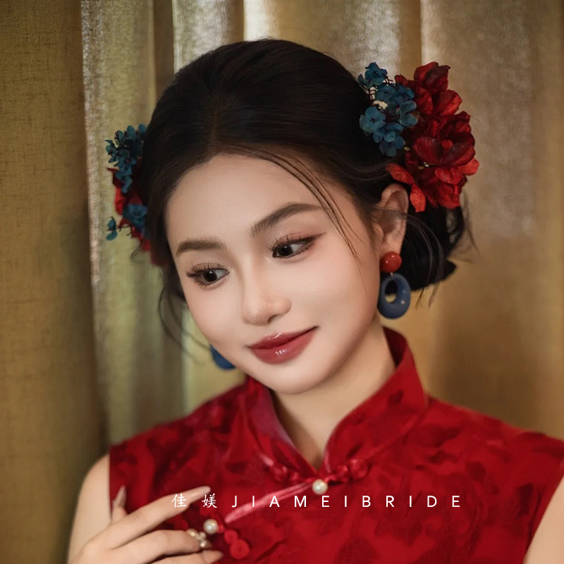 复古红蓝仿真花朵新中式新娘头饰森系国风晨袍敬酒晚礼服头花配饰