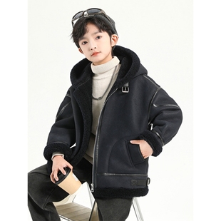 大童一体皮衣男孩潮 皮毛冬季 儿童装 男童加绒加厚外套2026秋冬新款