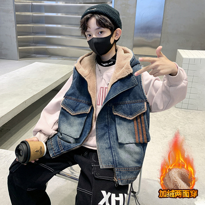 男童冬季牛仔马甲加绒2025新款儿童无袖加厚外套秋冬款坎肩保暖潮