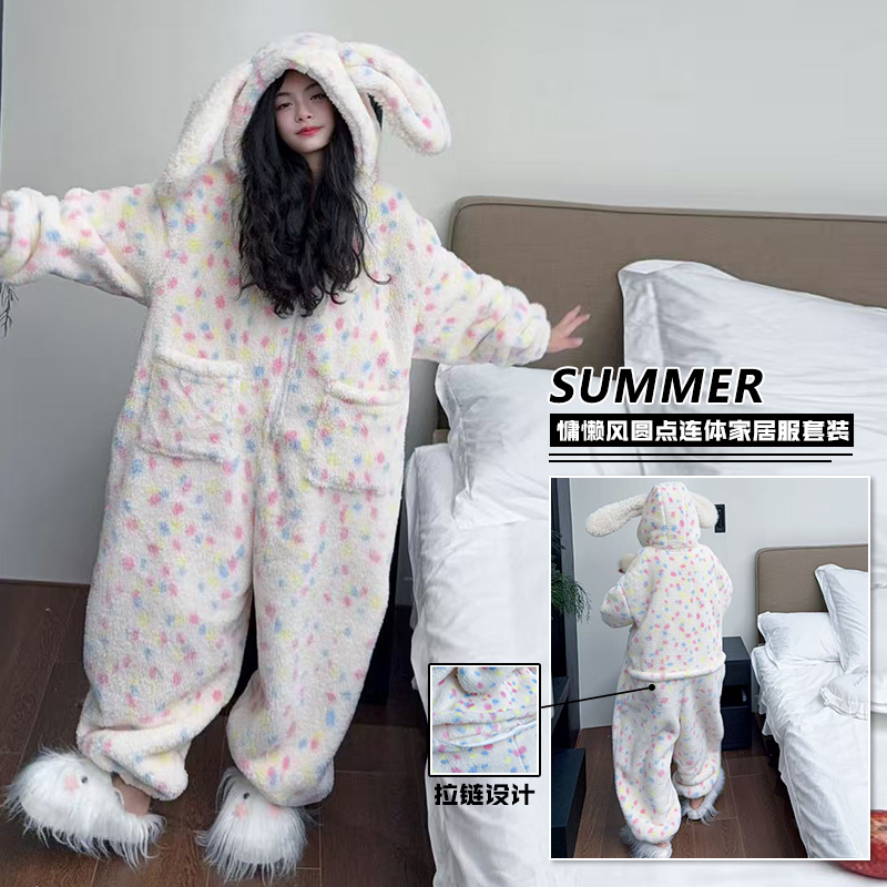 女童连体居家服冬装2025小女孩兔耳朵连帽双面超厚可外穿保暖睡衣