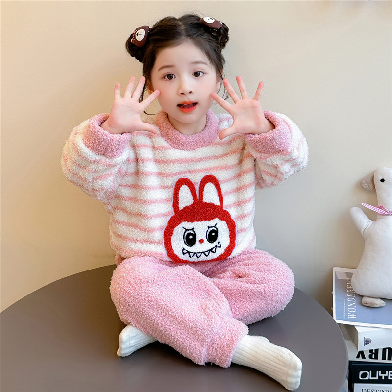 儿童睡衣女童秋冬款卡通拉布布条纹睡衣套装2025新款珊瑚绒家居服