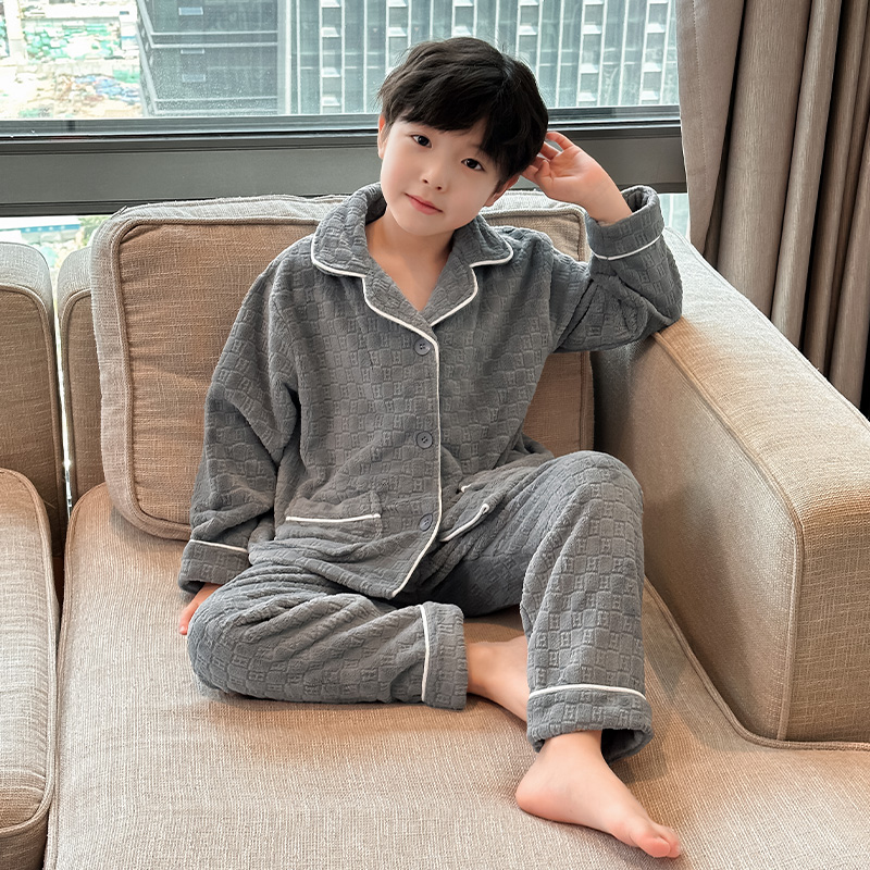 儿童装男童睡衣春秋冬款家居服加绒男孩冬季大童珊瑚绒加厚法兰绒