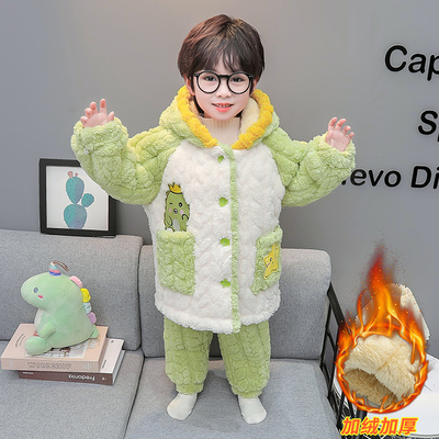 儿童睡衣冬款三层夹棉宝宝冬季加厚款珊瑚绒套装男童家居服可外穿