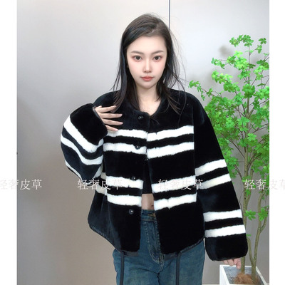 真皮羊毛皮毛一体皮草外套短款圆领羊剪绒休闲外套女