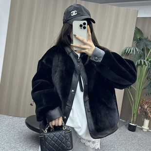 海寧2024新款 皮毛一體配水貂外套女士羊羔絨真皮草高端小個子 爆款