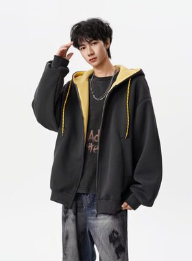 Anniehall official早起工作室nans男装1807美式开衫连帽卫衣外套