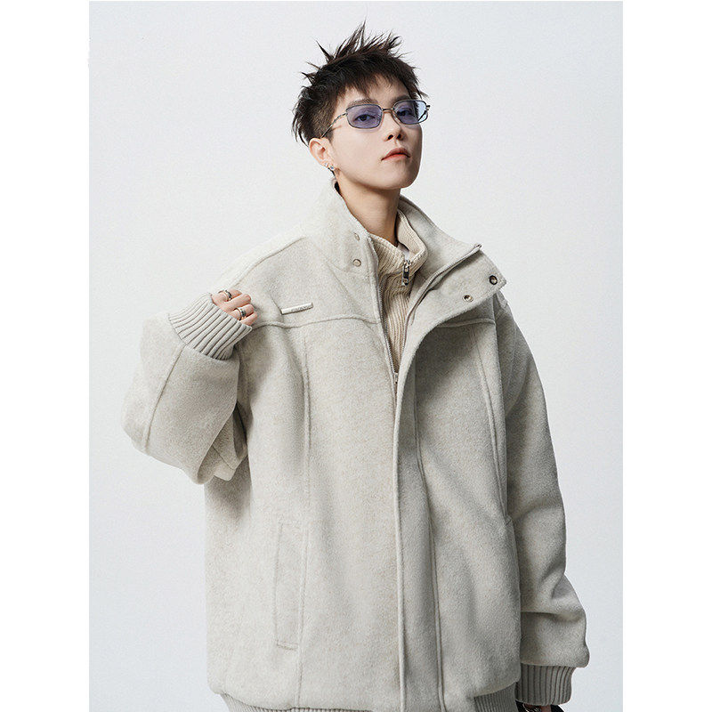 Anniehall official文艺宅男店東崛NOLOGO毛呢棉衣假两件保暖夹克