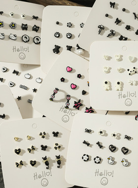 黑色新款气质简约耳钉可爱卡通学生百搭耳环小众设计感耳饰女