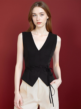 欧美女装外贸夏季新款老钱风黑色系带休闲马甲250272