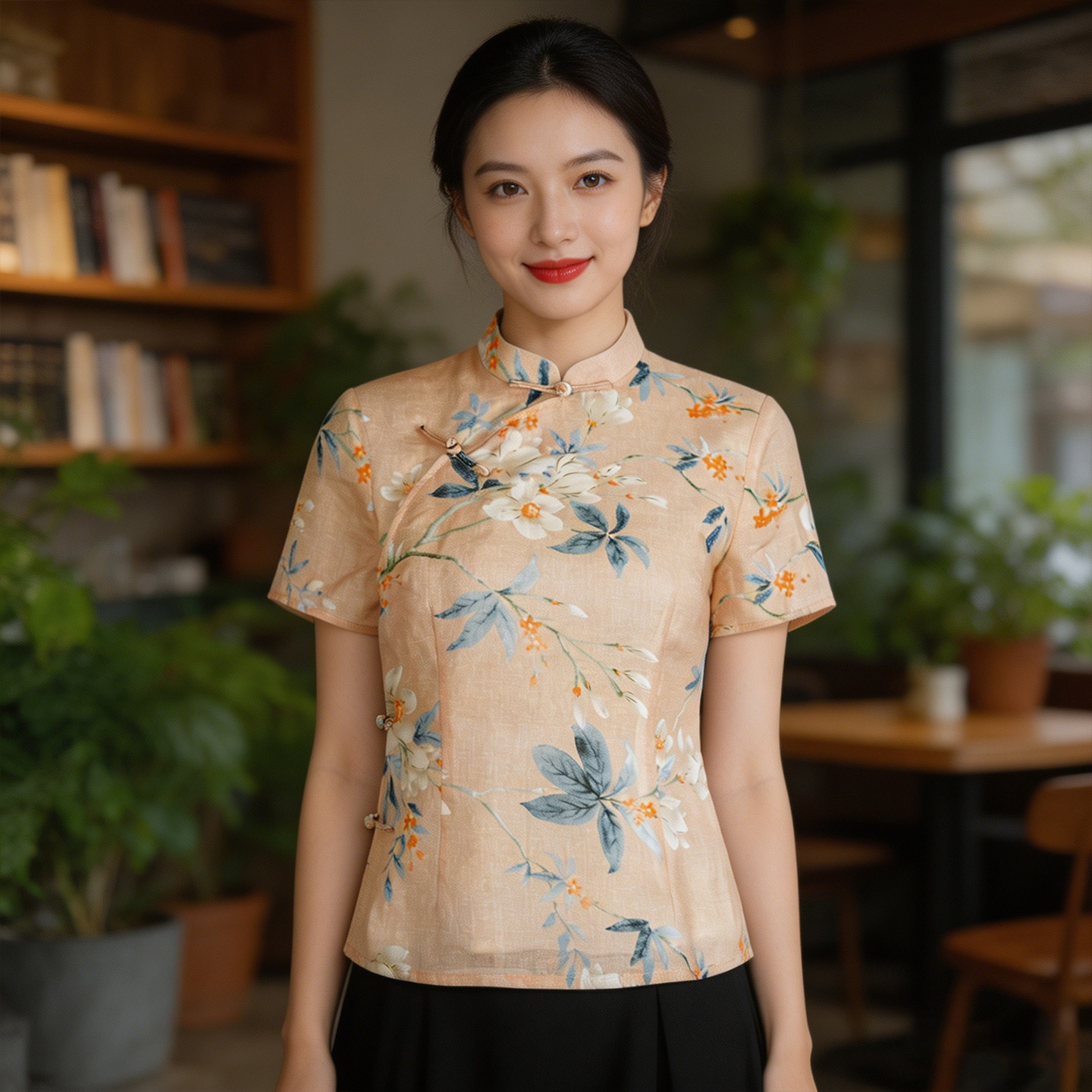 复古风改良旗袍上衣女夏季中国风印花短袖日常修身显瘦图片