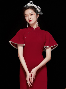 新中式旗袍红色订珠荷叶袖气质年轻款中国风日常改良连衣裙女夏季