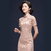 新中式 高端气质中国风刺绣日常改良粉色连衣裙女 双襟旗袍年轻款