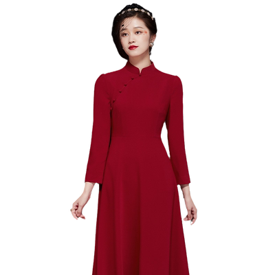 复古中国风长款红色旗袍连衣裙