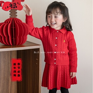 26春秋冬新款 polo领女童纯棉麻花长袖针织毛衣洋气百褶短裙套装