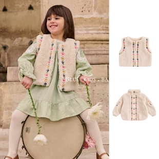 秋冬新款 儿童宝宝童装保暖刺绣毛绒马甲 女童羊羔毛棉衣棉服外套