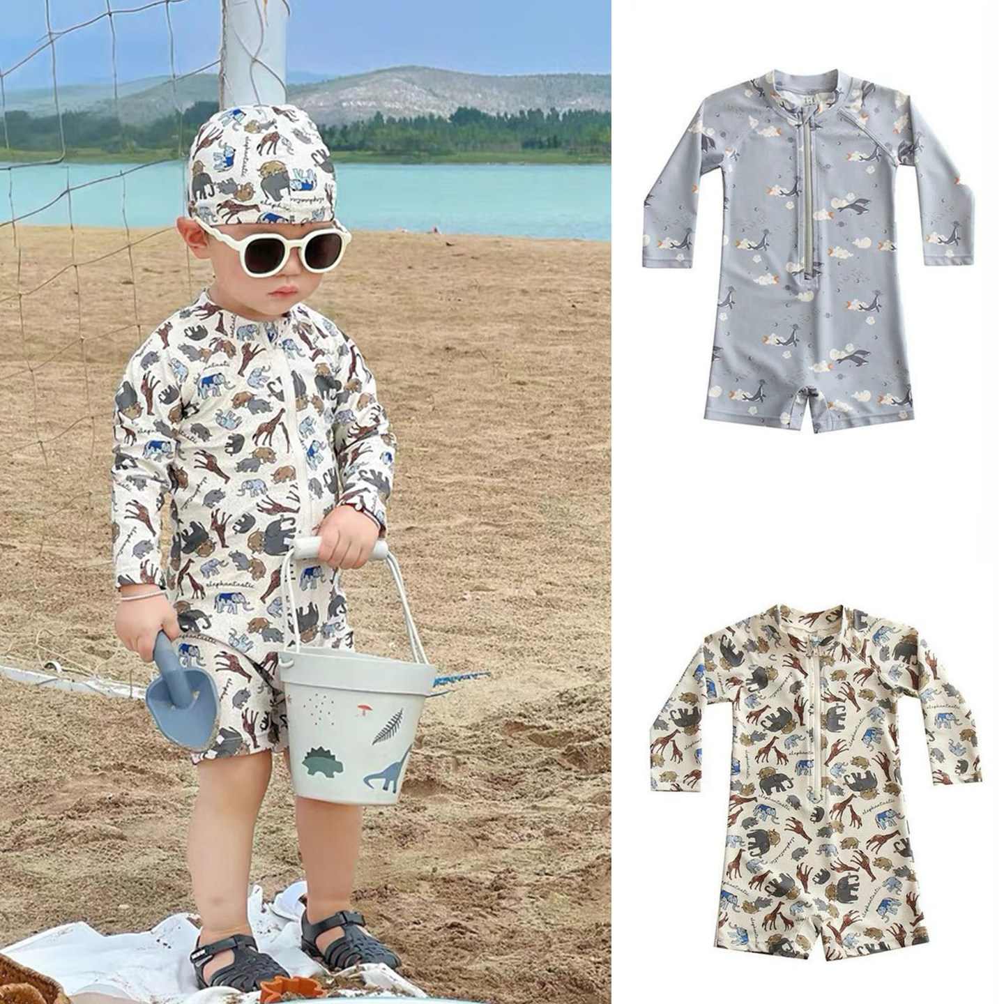 儿童泳衣男童连体长袖沙滩服男孩中小童宝宝防晒速干泳装潮游泳衣