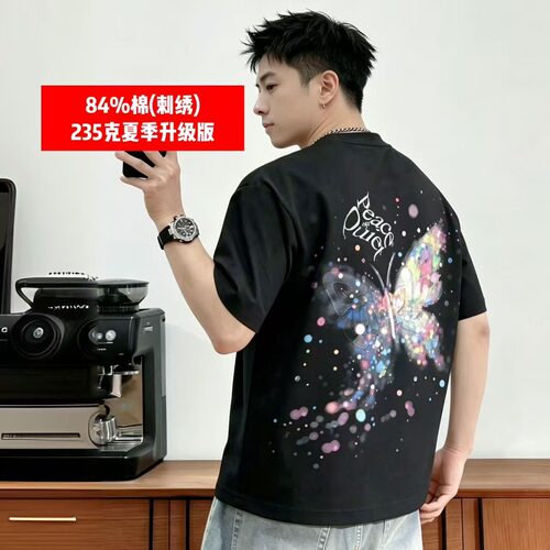 夏季潮牌彩绘刺绣印花蝴蝶短袖T