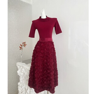 2026巴黎之夜新品 轻奢宴会立体玫瑰花裙摆礼服连衣裙高领腰封裙子