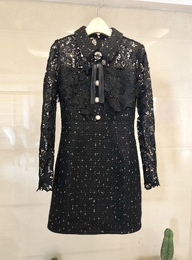 2026春季新款法式领结复古单排扣收腰显瘦粗花呢拼接蕾丝连衣裙女