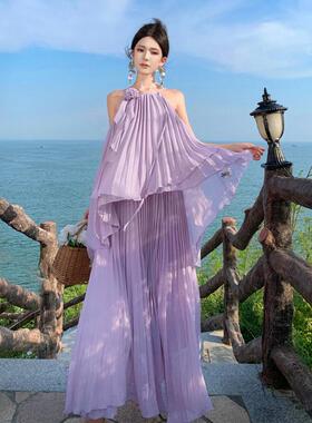 氛围海边度假连衣裙裙沙滩长裙拍照套装裙多巴胺沙滩裙海岛女ootd