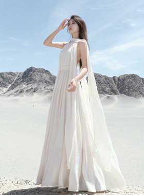 女神连衣裙沙漠旅游度假长裙仙女挂脖飘带沙滩裙绝美三亚海边穿搭