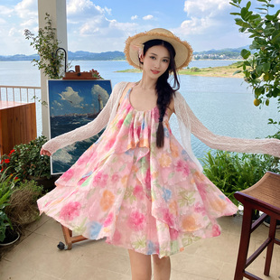 露背提花挂脖沙滩裙小个子度假连衣裙海边丁达尔裙粉色碎花小短裙