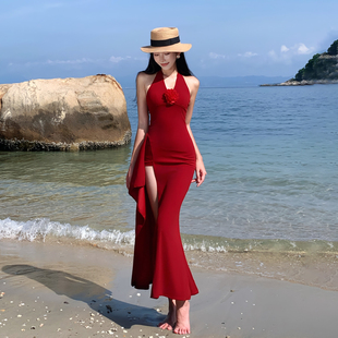 三亚海边性感红色挂脖连衣裙绝美沙滩长裙礼服女高级法式 拍照度假