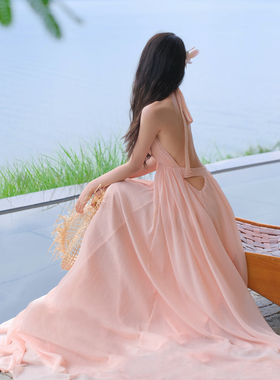 粉色露背沙滩裙三亚海边度假吊带连衣裙超仙绝美海岛穿搭ootd长裙
