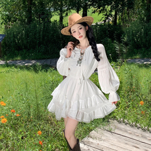 新款民族风好看白色裙子收腰波西米亚长袖连衣裙春秋短裙旅游穿搭