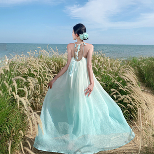 法式 海边度假风渐变蓝色吊带连衣裙女仙气重工裙立体花朵吊带长裙