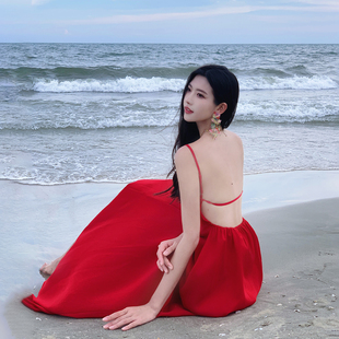 三亚度假连衣裙红色露背沙滩长裙海边旅游拍照衣服超仙收腰吊带裙