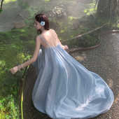 三亚海边度假绝美穿搭ootd沙滩裙吊带长裙露背连衣裙蓝色女超仙裙