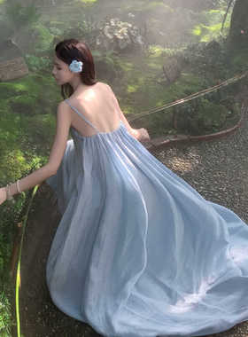 三亚海边度假绝美穿搭ootd沙滩裙吊带长裙露背连衣裙蓝色女超仙裙