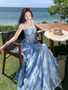新款 裙子海边公主沙滩渡假旅游海滩长裙女吊带蓝色高腰 连衣裙夏季