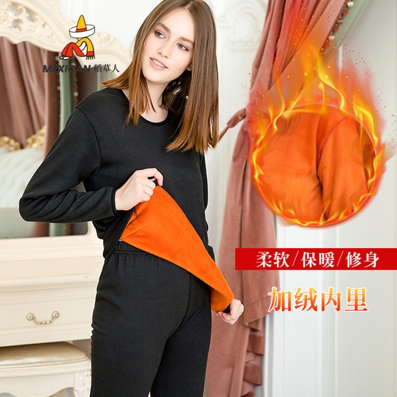 稻草人黄金绒保暖内衣男士加绒加厚防寒秋衣女中老年情侣套装 厂