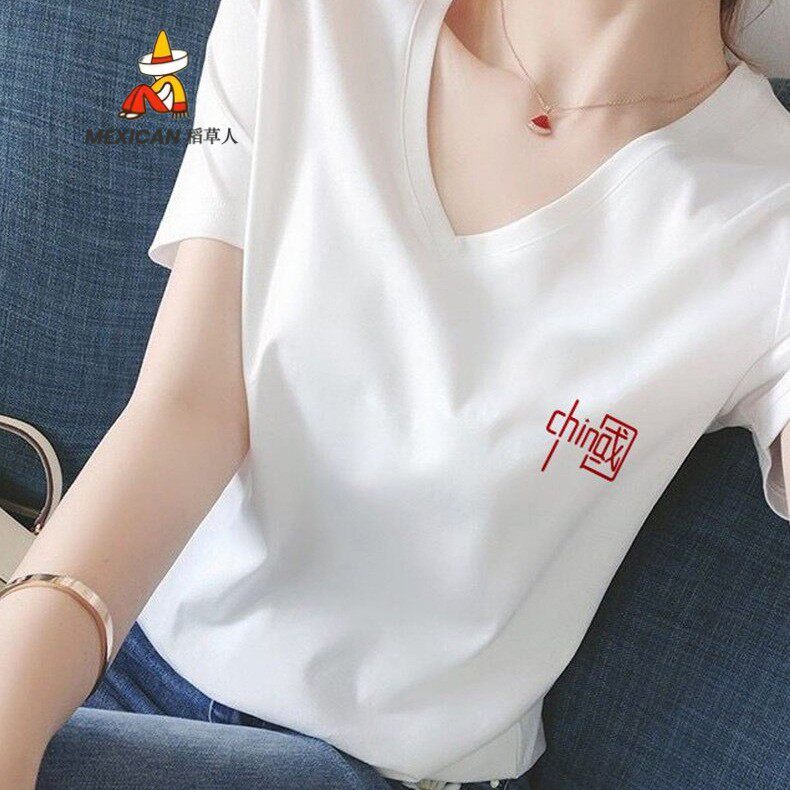 稻草人2024夏季国潮印花t恤女短袖V领修身上衣网红原宿风ins半袖
