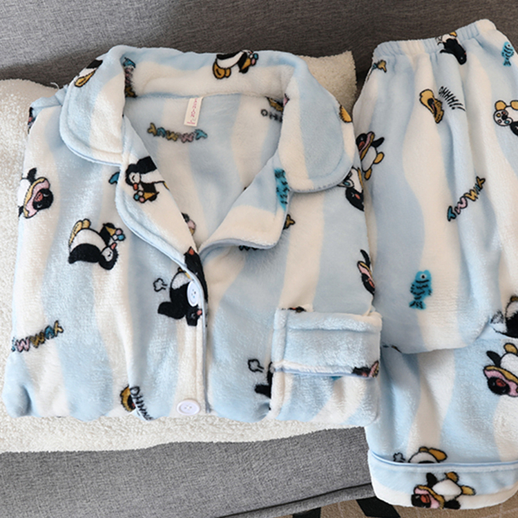 条纹企鹅睡衣女秋冬款珊瑚绒加绒