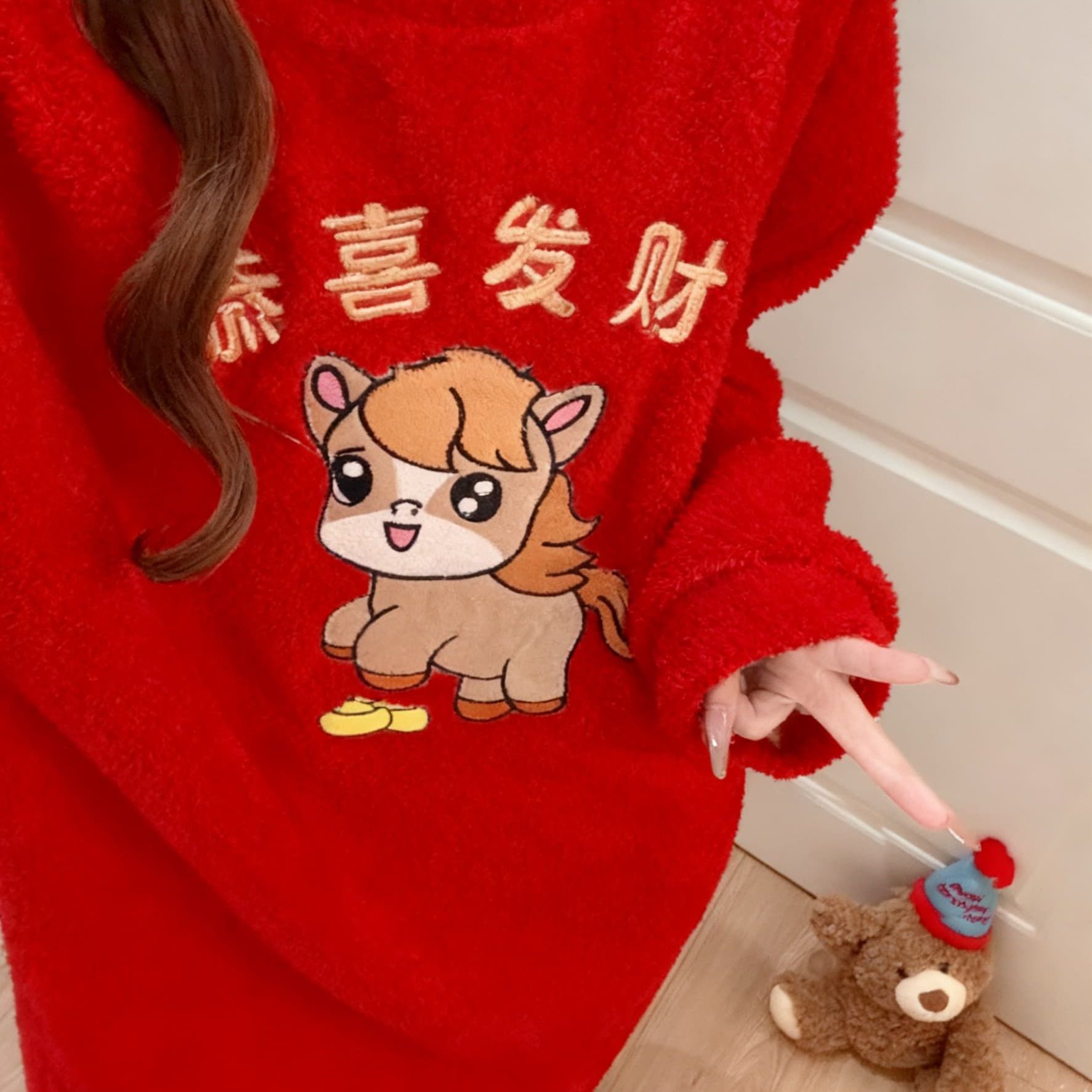 秋冬加厚大红珊瑚绒半边绒睡裙