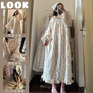 甜美可爱外穿小熊长袖睡衣连衣裙女春秋季云朵棉纱中长款过膝睡裙