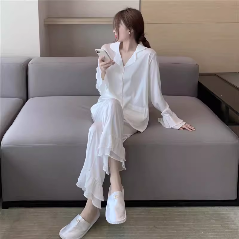 睡衣女春秋季冰丝长袖网红爆款可爱荷叶边套装性感夏天凉感家居服