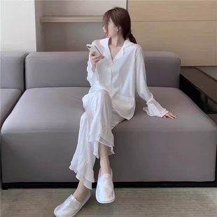 睡衣女春秋季冰丝长袖网红爆款可爱荷叶边套装性感夏天凉感家居服