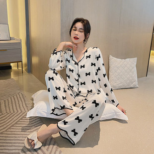 長袖 高級感蝴蝶結(jié)家居服套裝 薄款 2021新款 開衫 冰絲睡衣女春秋夏季